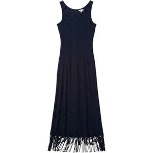 Harlow Petite Maxi Dress 12 Navy Blue Pointelle Fringe Hem Boho